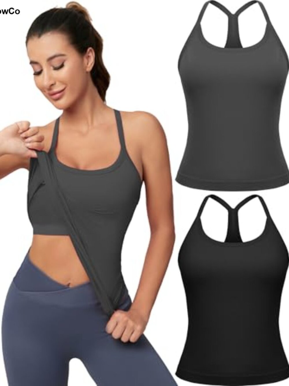 Womens Seamless Racerback Tank Tops with Built in Bra 2 Pack